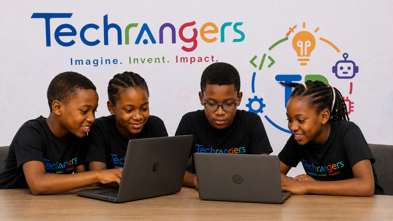 TechRangers students collaborating on laptops